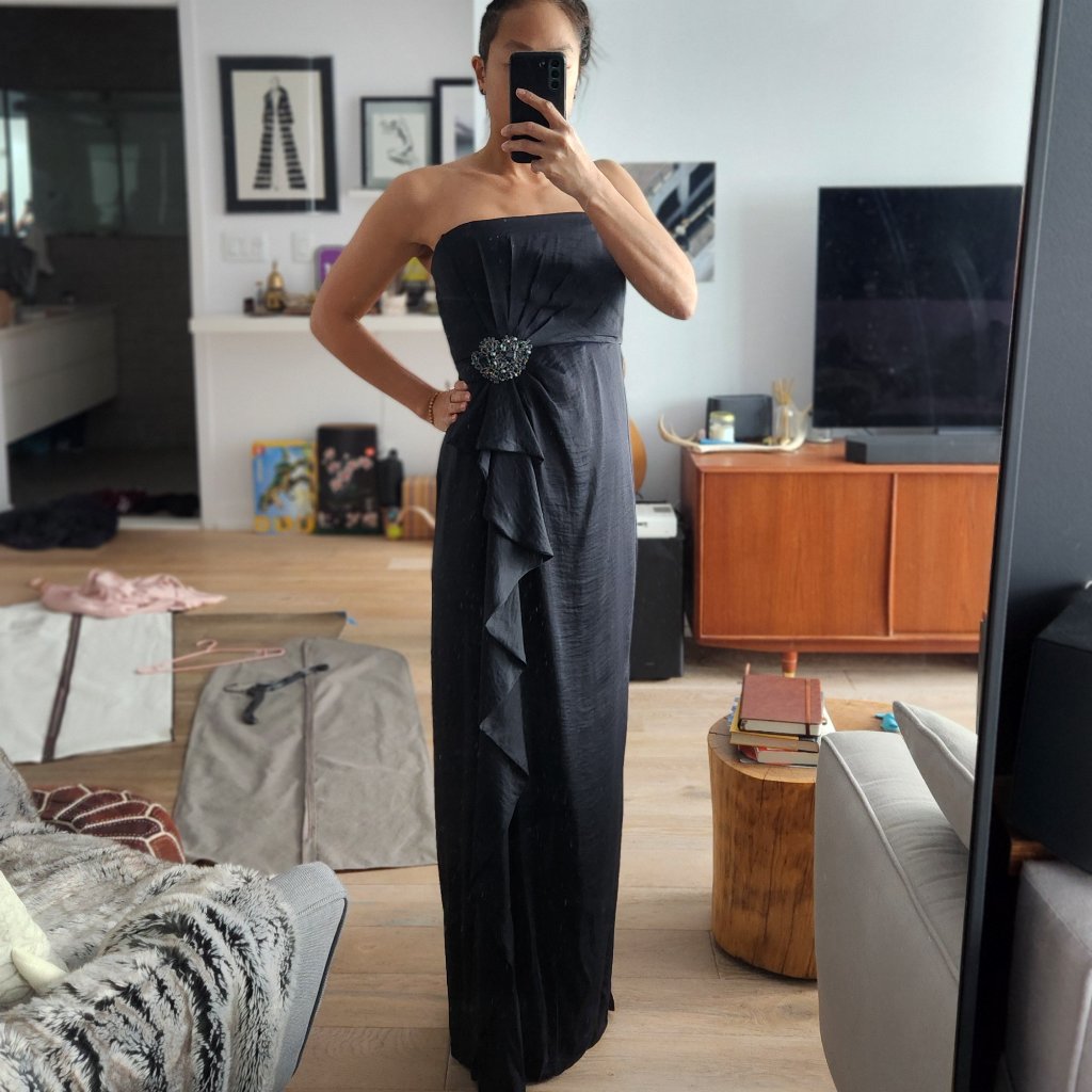 Nwt Bcbg Maxazria Navy (Almost Black) Strapless Gown With Crystal Brooch Detail
